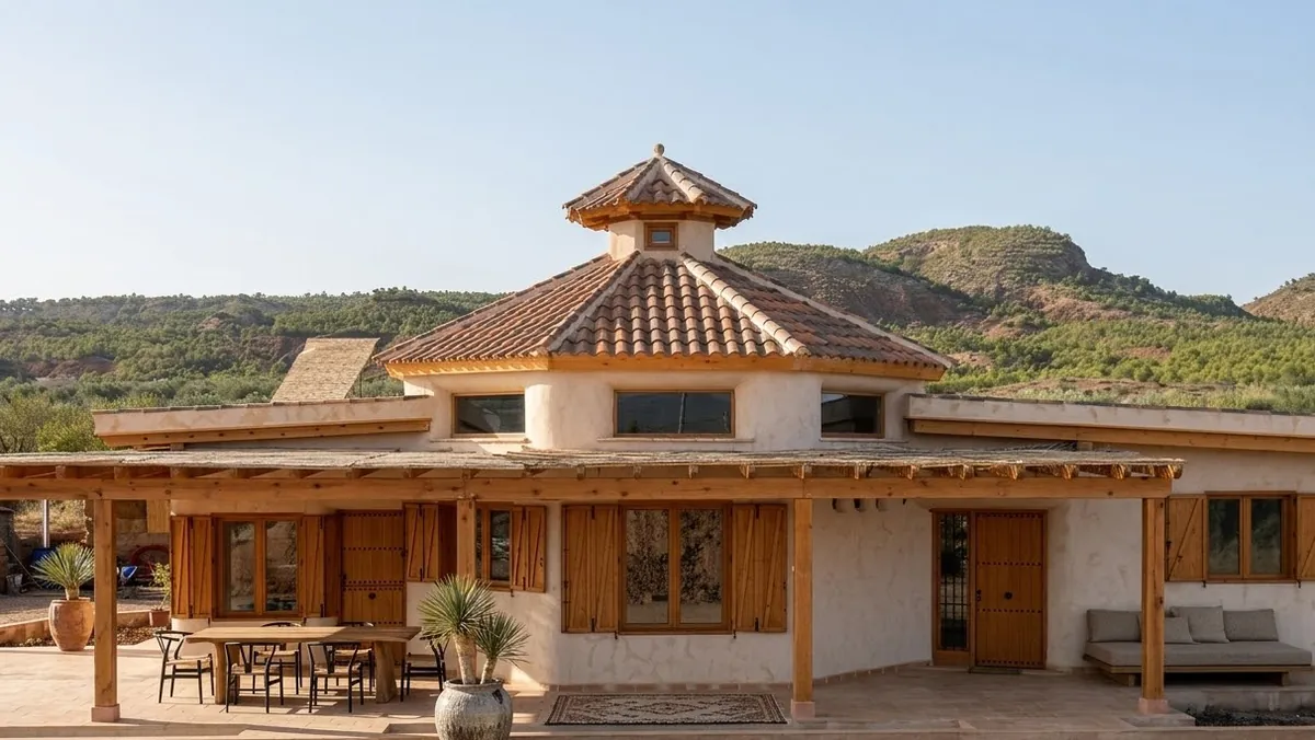 Porche con pérgola de madera y mesa larga junto a la fachada
