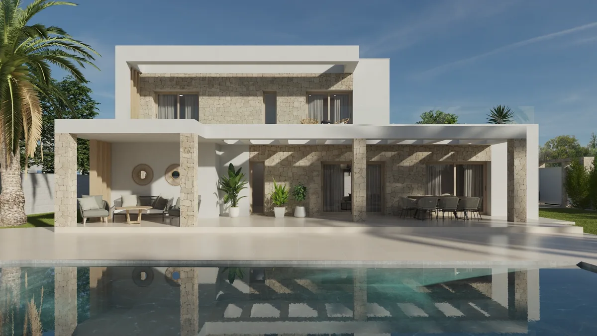 Fachada de Casa Mulder con porche de piedra, pérgola y piscina