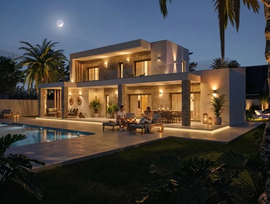 Casa Mulder iluminada al anochecer, con la piscina y las palmeras en primer plano