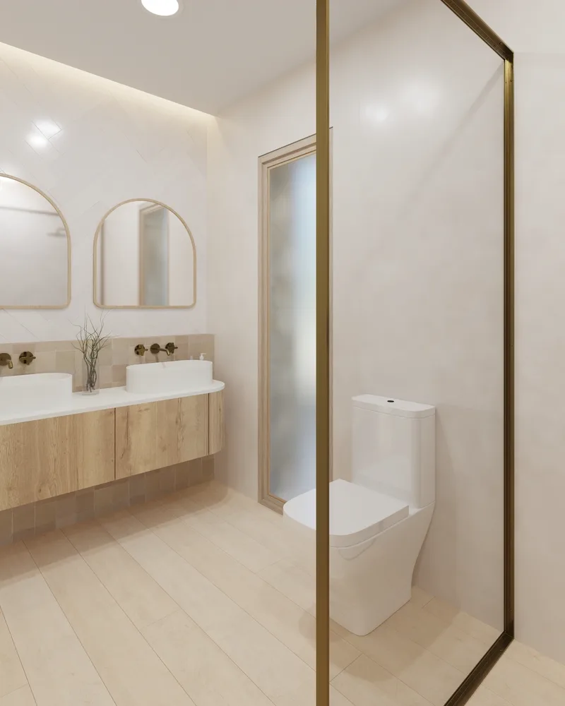 Baño revestido en piedra y madera