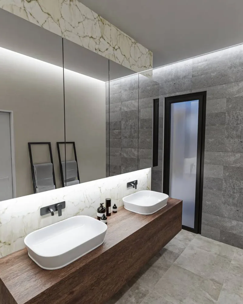 Baño revestido en piedra y madera