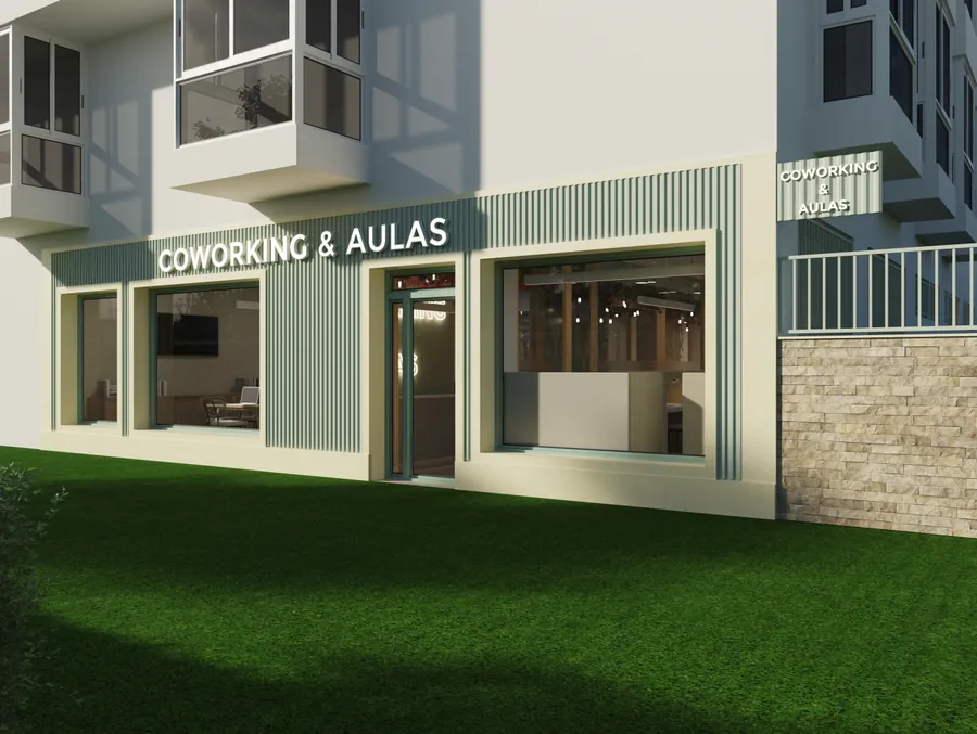 Fachada del coworking en chapa grecada con los marcos de piedra artificial