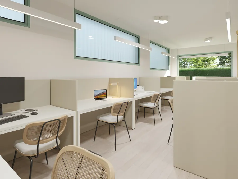 Sala de trabajo común con los puestos individuales