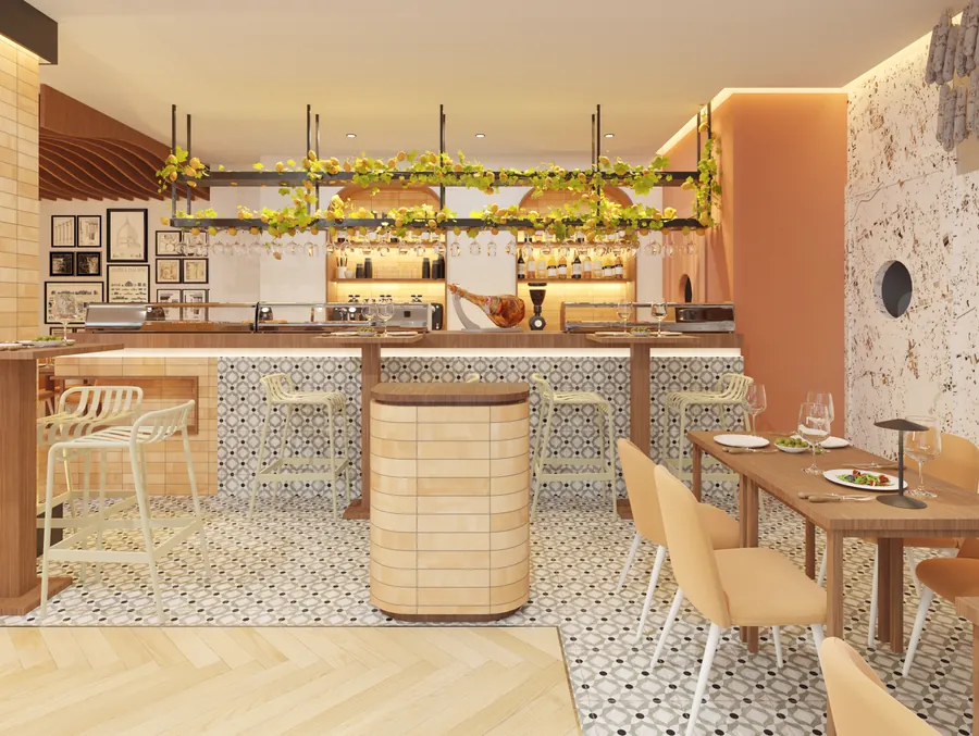 Barra del restaurante con azulejo hidráulico, vegetación colgante y taburetes blancos