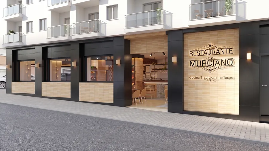 Fachada del restaurante en porcelánico gris antracita, aluminio negro y madera