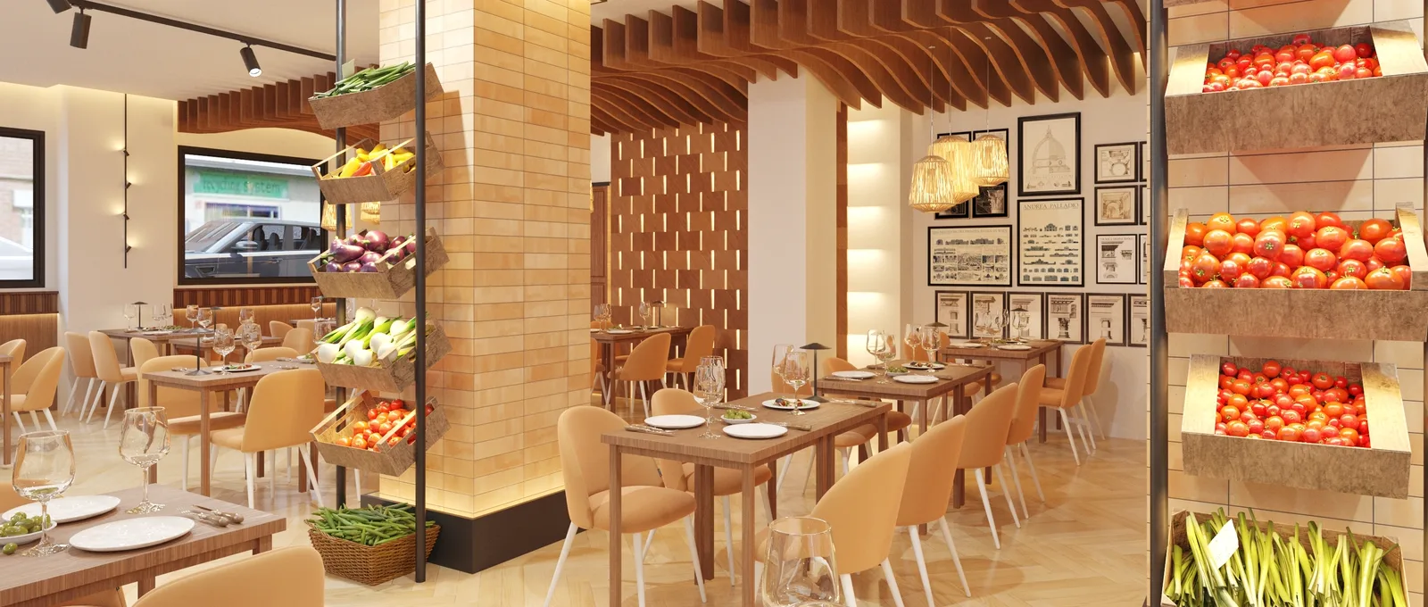 Comedor del restaurante Montecristo, con techo de listones de madera y lámparas colgantes