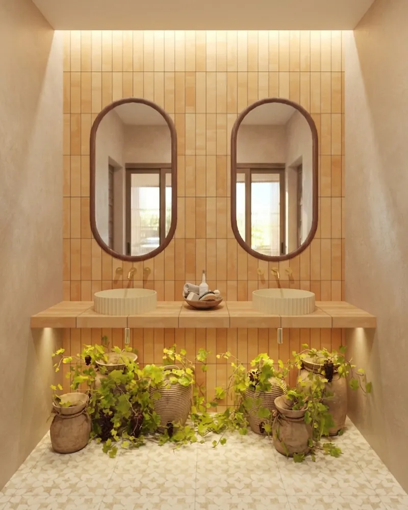 Aseo con azulejo terracota, espejos ovalados y plantas