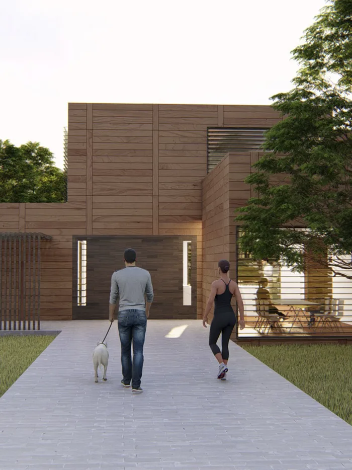 Fachada de madera de la Casa Cocina, vivienda prefabricada modular